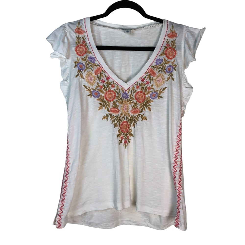 Sundance Womens Embroidered Flutter Sleeve V-Neck Blouse Size XS Boho Hippie
